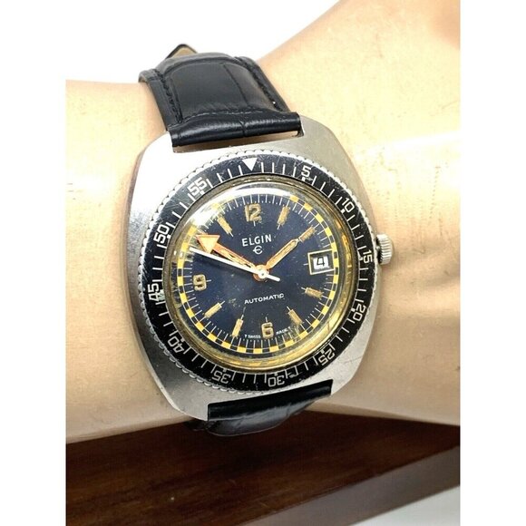 Elgin Mens Watch Diver Swiss Automatic Vintage Black Dial Date Leather Band 42mm - Picture 12 of 15
